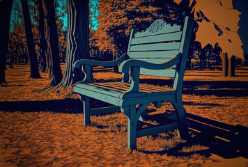 Amazing photograph of a wooden seat in a park during the fall. Generative AI