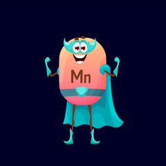 Cartoon manganese or manganum superhero micronutrient character. Isolated vector funny Mn nutrient defender fairytale personage. Comic food supplement capsule, mineral bubble in blue mask and cloak