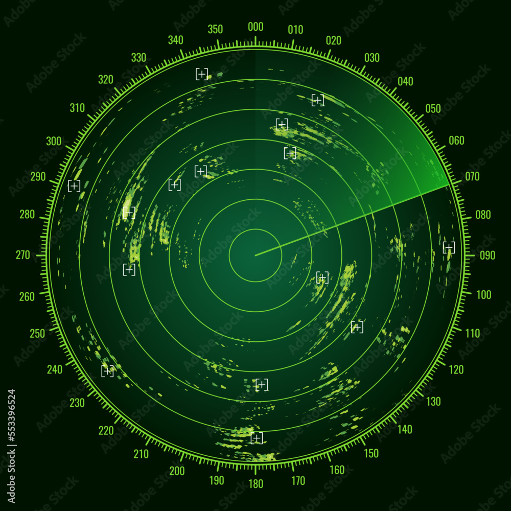 Aufkleber Ship radar screen military sonar monitor, army target detection system vector display, NAVY submarine visual control and search dashboard or airplane navigation interface with signal green blips