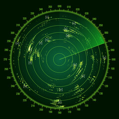 Ship radar screen military sonar monitor, army target detection system vector display, NAVY submarine visual control and search dashboard or airplane navigation interface with signal green blips - obrazy, fototapety, plakaty