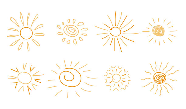 Hand drawn doodle sun set. Cute yellow sunburst illustrations. Childish scribble drawing style. Vector cartoon illustration