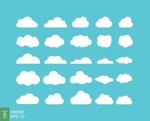 Cloud icon collection. Simple flat style. Abstract, decoration element, nature concept. Vector illustration isolated on green background. EPS 10.