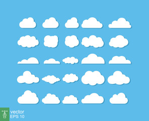 Set of vector cloud icon. Simple flat style. Abstract, decoration element, set of sky symbol, nature concept. Vector illustration isolated on blue background. EPS 10.