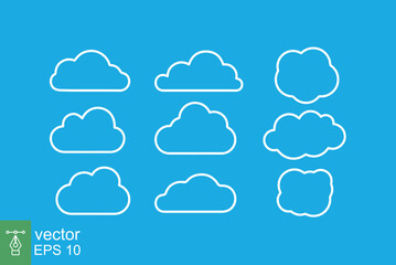 Set of vector cloud icon. Simple outline style. Abstract, decoration element, set of sky symbol, nature concept. Thin line vector illustration isolated on blue background. EPS 10.