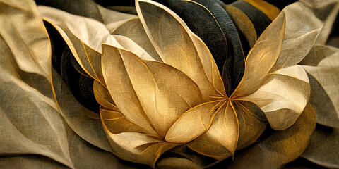 Abstract illustration made of textured fabric with elements of fantastic flowers. Vintage background of beige, gold and black fabric folds. For backgrounds, wallpapers, photo wallpapers, murals.