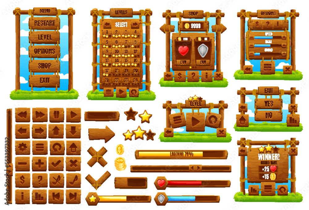 Poster western, ranch wooden game interface. cartoon gui element, ui game asset. isolated vector buttons, m