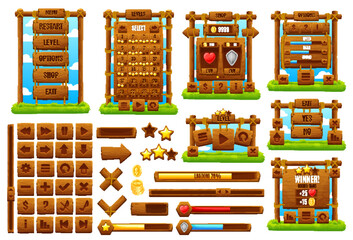 Western, ranch wooden game interface. Cartoon gui element, ui game asset. Isolated vector buttons, menu option planks, bars and sliders, user icons, banners, arrows and signs with wood texture
