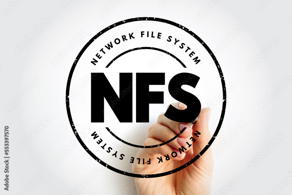 Poster nfs network file system - mechanism for storing files on a network, acronym text stamp concept backg