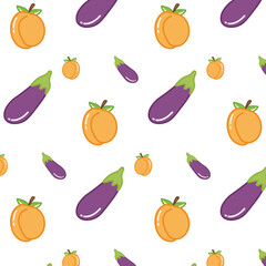 Seamless pattern of cute shiny apricots, eggplants. Hand drawn flat vector illustration isolated on white background. For textile print, wallpaper, wrapping paper, greeting card, gift 