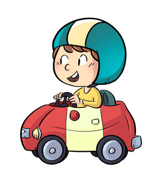 illustration of boy with helmet driving a car