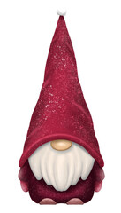 A snow-covered gnome in a large crimson hat stands