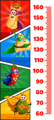 Fototapeta premium Kids height chart ruler with retro comics of mexican food superhero characters. Vector growth meter with funny tex mex super hero burrito, tacos, red chili pepper and avocado personages and scale