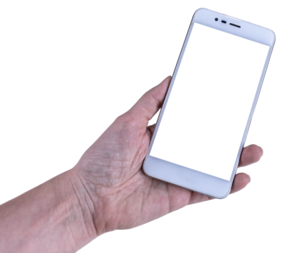 Woman hand holding smartphone with empty blank screen mock up isolated