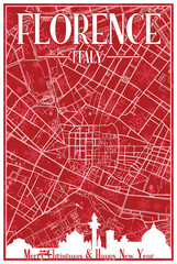 Red vintage hand-drawn Christmas postcard of the downtown FLORENCE, ITALY with highlighted city skyline and lettering