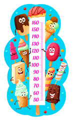 Kids height chart with ice cream desserts. Cartoon vector stadiometer growth meter, wall sticker of height measurement with icecream cone, popsicle, gelato and eskimo, fruit or waffle funny characters - obrazy, fototapety, plakaty