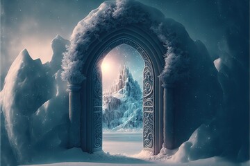 Magical portal on winter landscape, fairy tale background with ice crystal door, mirror or gate with fantasy castle, snowy landscape with glowing entrance on rock under cloudy gray sky. AI - obrazy, fototapety, plakaty