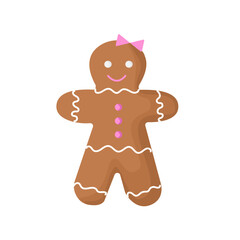 Christmas cookies smiling gingerbread woman. Christmas bakery, Gingerbread woman decorated colored icing.Vector illustration