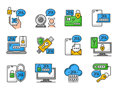 2FA two factor verification color icons or 2 step authentication vector outline symbols. 2FA or user data secure access and authentication icons of mobile phone and e-mail password and USB key token