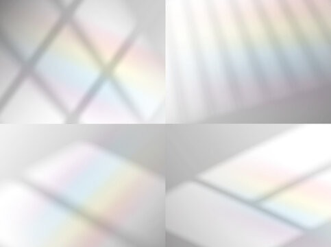 Overlay Rainbow Shadow From The Window. Vector Background With Prism Refraction Of Light On White Wall, Floor Or Ceiling. Realistic Jalousie And Frame Blind Shade Effect. Soft Sunlight In Room Mockup