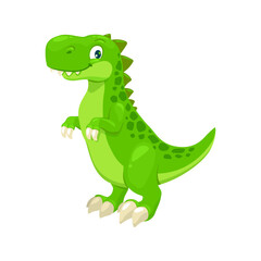 Cartoon tyrannosaur dinosaur character, cute t-rex dino. Funny smiling personage of jurassic era with green skin and long talons. Standing friendly reptile creature, paleontology dinosaur mascot