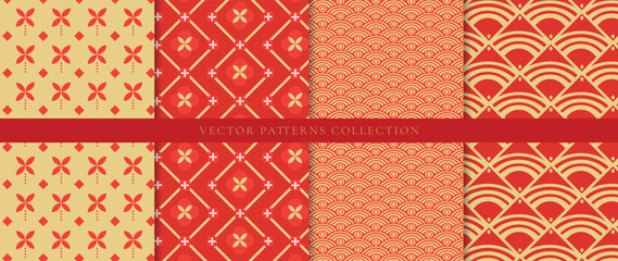 Set of Chinese patterns background vector. Abstract geometric shape, grid vector patterns and swatches. Luxury oriental wallpaper design for fabric, wallpaper, banners, prints and wall arts.