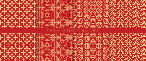 Set of Chinese patterns background vector. Abstract geometric shape, grid vector patterns and swatches. Luxury oriental wallpaper design for fabric, wallpaper, banners, prints and wall arts.