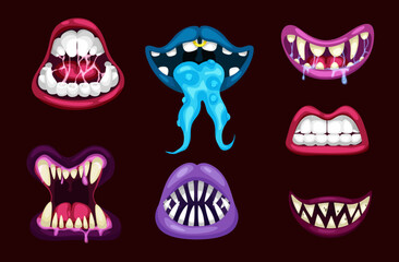 Terrible monster mouths. Scary lips teeth and tongue monsters. Monstrous mouths, emotions, facial expressions for Halloween