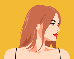 portrait of beautiful girl face looking sideways. long brown hair style. avatar for social media. for profile, template, print, sticker, poster, etc. flat vector illustration.
