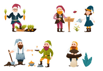 Gnome set. Gardening cute. Set of cute fairytale characters. Bundle of lawn ornaments or decorations. Flat cartoon vector illustration.