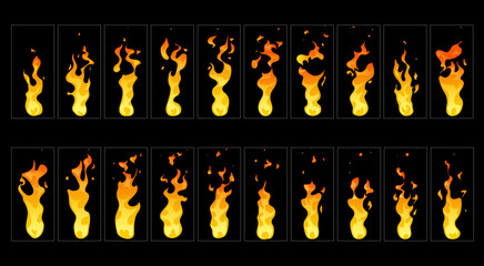 Cartoon fire flame sprite animation. Vector fire burning stages, campfire blaze effect. Torch flame sequence frame, glow orange and yellow bonfire shining flare sprite sheet motion elements © Vector Tradition