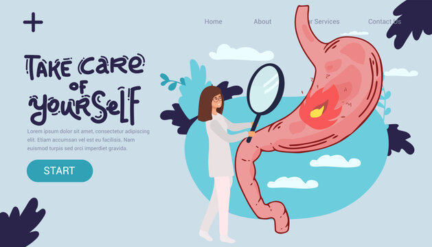 Group Of Doctors Check Up Human Stomach. A Doctor Holding Magnifying Glass Zoom At Stomach, Lady Doctor, Explaining Symptoms Treatment, Digestive System, Intestinal Gastro Landing Page