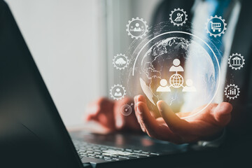 Business network concept. Customer network relationship management concept, Businessman hold of global structure customer network technology, Data exchanges development. Banking, Business strategy.