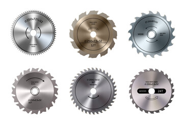 Realistic circular saw blade discs. Woodworking and construction industry equipment, carpentry craft 3d vector tools. Rotary cutter, sawblade iron, stainless steel, metallic discs with sharp teeth