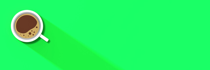 a white cup of coffee on green background. long shadow from cup. invigorating drink. horizontal image. Banner for insertion into site. 3D image. 3D rendering.