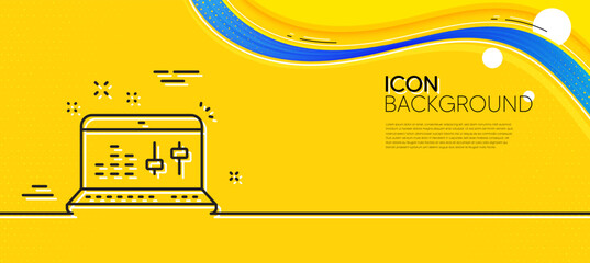 Obraz na płótnie Canvas Sound check line icon. Abstract yellow background. DJ controller sign. Musical app on laptop symbol. Minimal sound check line icon. Wave banner concept. Vector