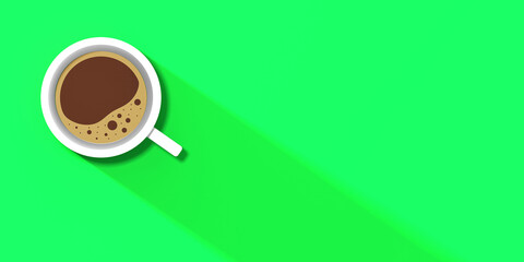 a white cup of coffee on green background. long shadow from cup. invigorating drink. horizontal image. Banner for insertion into site. 3D image. 3D rendering.