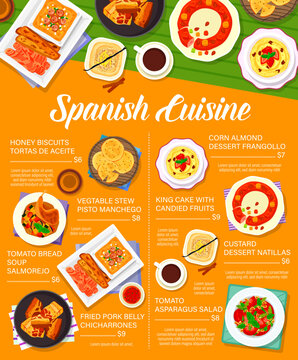 Spanish cuisine menu template. Tomato bread soup Salmorejo, vegetable stew Pisto Manchego and king cake with candied fruits, biscuits Tortas de Aceite, Natillas and Frangollo desserts, Chicharrones