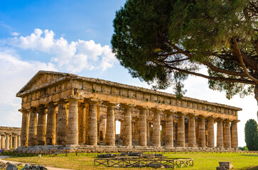 Fototapeta na wymiar The Temple of Hera II, also called the Temple of Neptune, is a Greek temple in Paestum, Italy