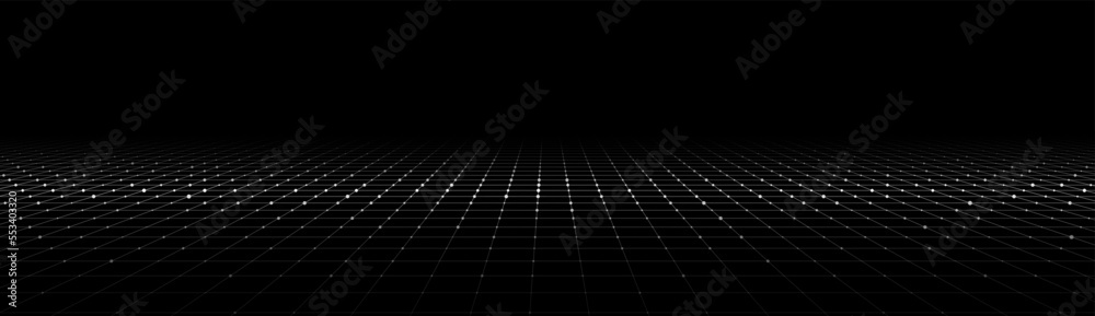 Poster vector perspective grid on black background. digital cyberspace. network connection structure. abstr