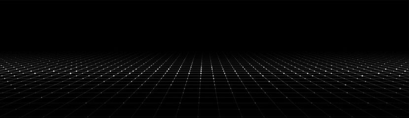 Vector perspective grid on black background. Digital cyberspace. Network connection structure. Abstract mesh background.