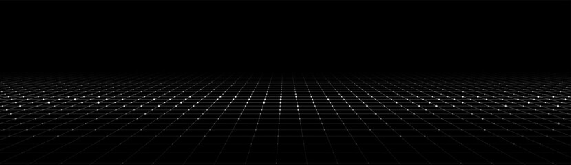 Vector perspective grid on black background. Digital cyberspace. Network connection structure. Abstract mesh background.