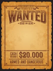 Rolgordijnen Western wanted banner dead or alive vintage poster. America Wild West outlaw, robber wanted or gangster hunt reward blank poster or sheriff vector banner with western typography and old paper texture © Vector Tradition