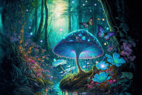 Fantasy and fairytale magical forest with purple and cyan light lighting pathway. Digital painting landscape.	

