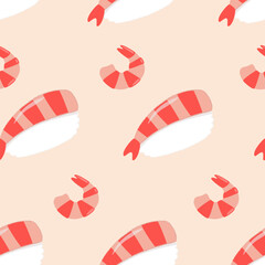 Seamless pattern with nigiri and shrimps. Sushi with shrimp. Asian food in flat style
