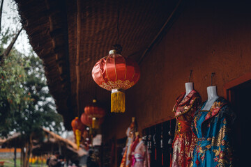 Chinese lanterns and fog in the morning