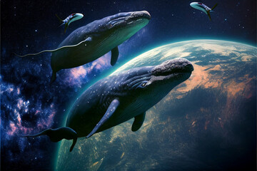 Fototapeta premium Generated images of fantastic whales that fly in space against background of planets.