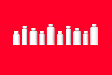 White cosmetic bottles isolated on orange background. Packaging of cosmetics. Ten containers for cosmetics. Horizontal image. 3d image. 3D visualization.