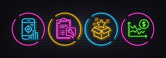 Fototapeta premium Seo phone, Loyalty program and Spanner minimal line icons. Neon laser 3d lights. Dollar rate icons. For web, application, printing. Search engine, Bonus star, Repair service. Currency trade. Vector