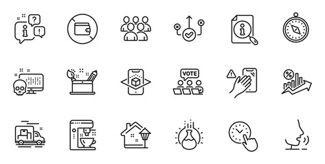 Outline set of Group, Dont touch and Loan percent line icons for web application. Talk, information, delivery truck outline icon. Include Travel compass, Coffee maker, Online voting icons. Vector