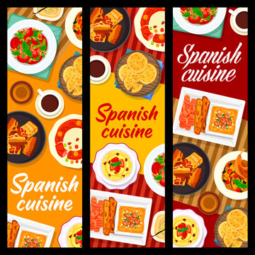 Spanish cuisine restaurant banners. Corn almond dessert Frangollo, tomato asparagus salad and Pisto Manchego, king cake, custard Natillas and soup Salmorejo, Chicharrones, biscuits Tortas de Aceite